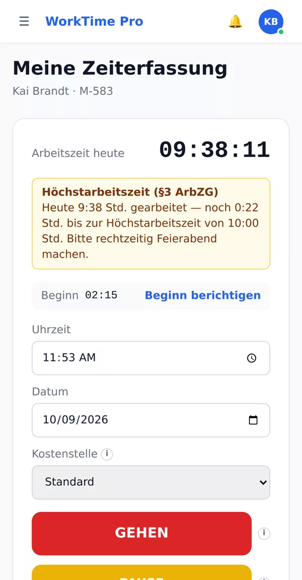 Warnung zur Höchstarbeitszeit nach § 3 ArbZG: noch 22 Minuten bis zehn Stunden