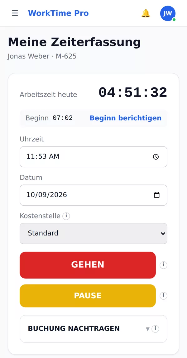 Stempeluhr in WorkTime Pro auf dem Handy: Arbeitszeit heute, Gehen und Pause